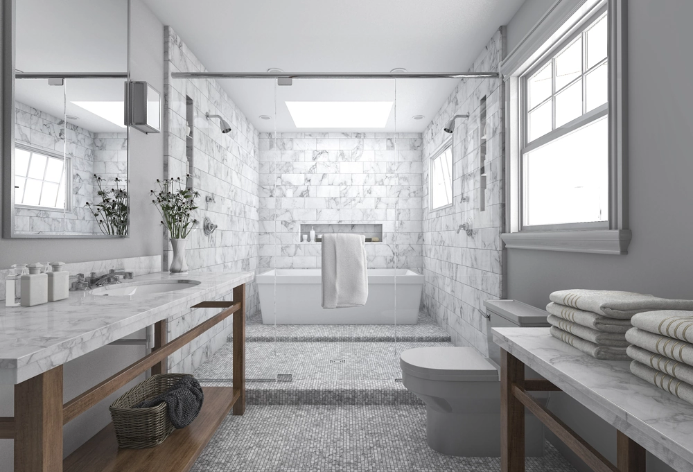 Modernes Badezimmer mit Marmorfliesen, freistehender Badewanne und Glasdusche – Bad fliesen