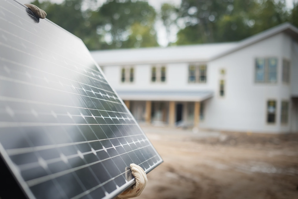 Gehandschuhte Hände halten Solarpanel für Photovoltaik montage vor Rohbau eines Hauses