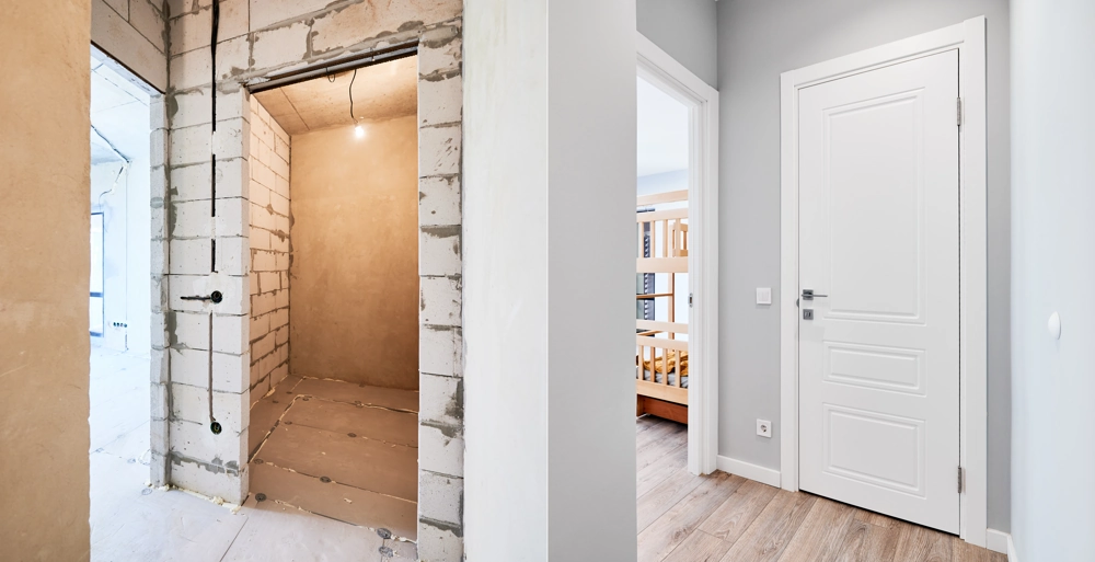 Unfertige Trockenbauwand mit sichtbaren Kabeln und Estrich neben fertig montierter Weißlack-Innentür
