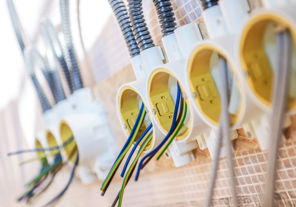 Mehrere Kunststoff-Einbaudosen mit farbigen Stromleitungen bei Elektroinstallationen